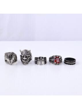 Mens Stainless Steel Biker Rings Lot Gothic Skull Cobra Cross Red Stone Set of 5